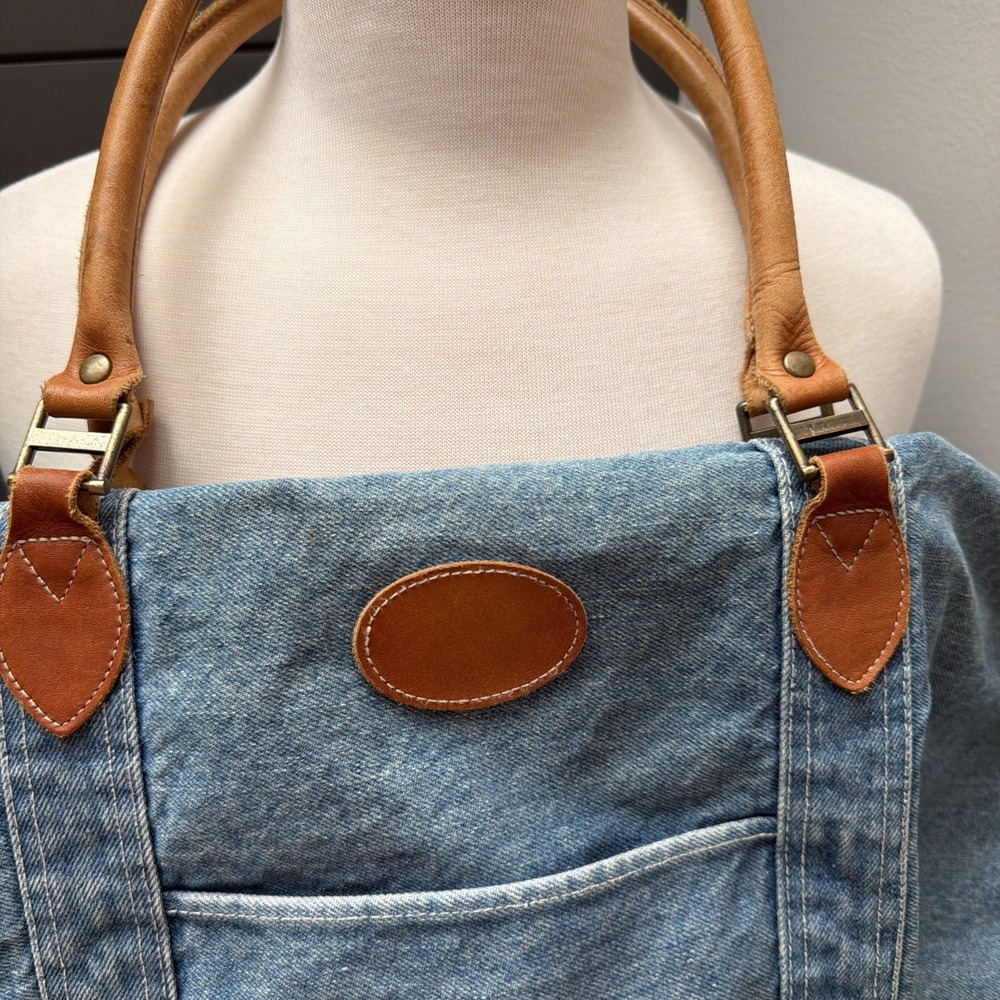 Vintage GAP Weekender Travel Tote Bag Blue Denim Duffle Large Zip Leather Trim - Picture 4 of 5